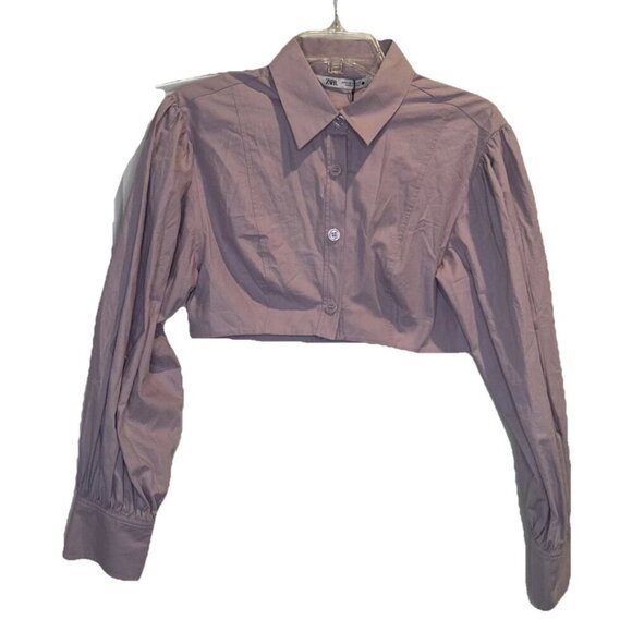 Zara Tops - Zara Voluminous Purple Poplin Shirt Button Front Crop Puffy Sleeve Top Sz S NEW